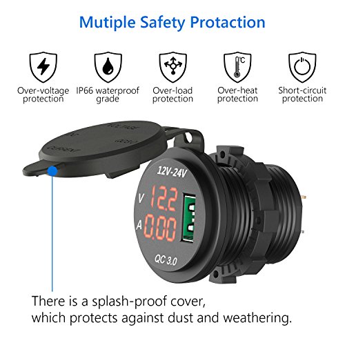HiGoing 12V/24V Marine USB Outlet, Waterproof QC3.0 Dual USB Charger Socket with Voltmeter and Ammeter Monitoring for Car Boat Motorcycle Mobile (Updated with QC3.0) - Thumbnail 4