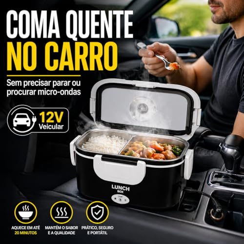 Marmita Elétrica Portátil 1,5L Bivolt e Veicular 12V | Divisórias internas, tampa vedada, térmica, trabalho, viagens, livre de BPA, refeições aquecidas