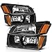 DWVO Headlight Assembly Compatible with 2002 2003 2004 2005 2006 Chevy Avalanche 1500/2500 Pickup Headlamp Replacement Black Housing Amber Reflector Clear Lens (Only Fit for BODY CLADDING)