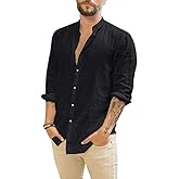Makkrom Men Linen Shirt Button Down Long Sleeve Cotton Beach Band Collar Casual Summer Shirts