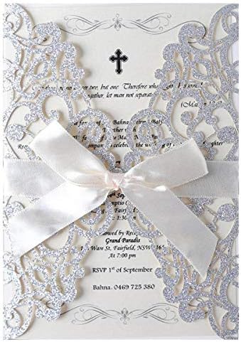 LORTAL 50X Lace Flora Wedding Invitation Cards With Silver Laser Cut Ribbon Bow for Bridal Shower Engagement Birthday Graduation (Set of 50PCS)