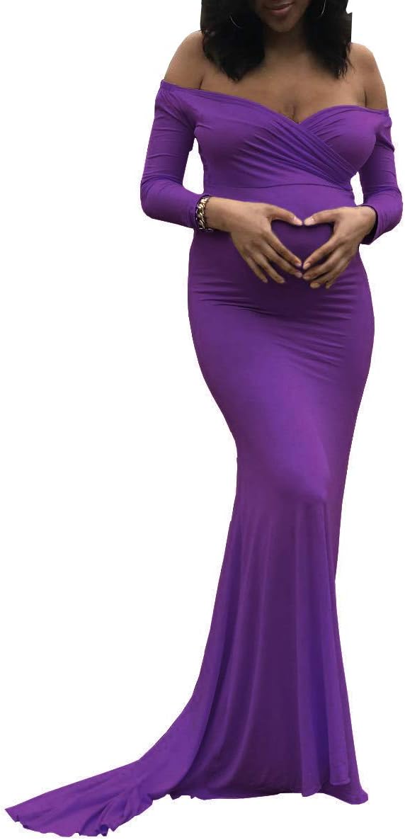 Maternity Elegant Fitted Maternity Gown Long Sleeve Slim Fit Maxi Photography Dress