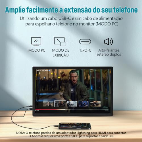 Monitor portátil de 15,6 polegadas, conectividade USB-C e HDMI, resolução Full HD 1080p, falantes integrados compatível com diversos dispositivos–Preto