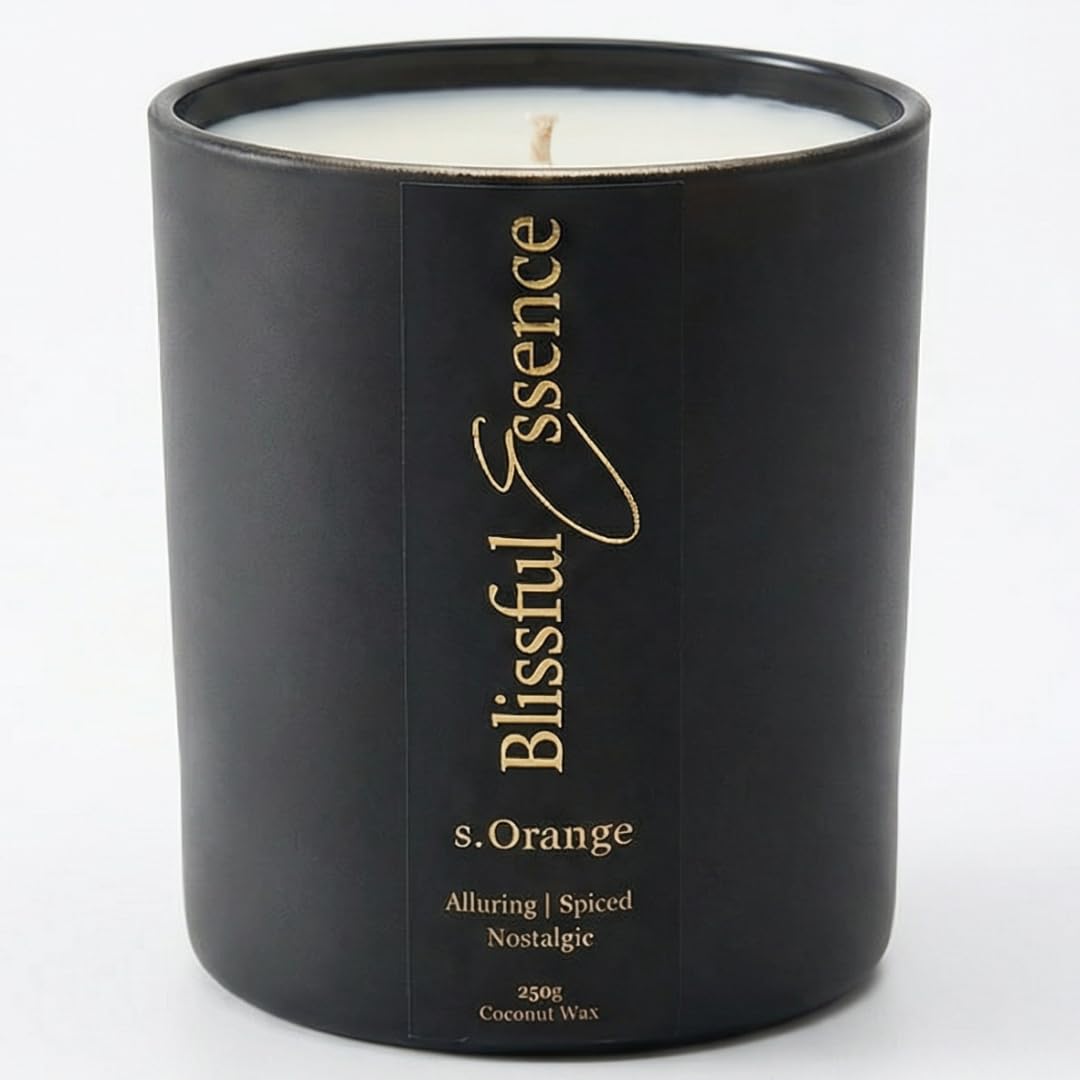 Spiced Orange, Luxury Long Burning Scented Candles, Warm Cinnamon Spiced Candle Gift, Large Black Candle Jar, 250g 65hr Burn |Handmade UK