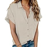 HOTOUCH Linen Shirts for Women Button Down Short Sleeve Tops Cotton Blouses Collared Button-up Beach Vacation Outfits