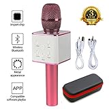 Mic 3-in-1 Bluetooth Magic Karaoke Machine Wireless Microphones Handheld Speaker For Apple iPhone Android Smartphone PC Music Playing Singing Home KTV (Q7 Pink)