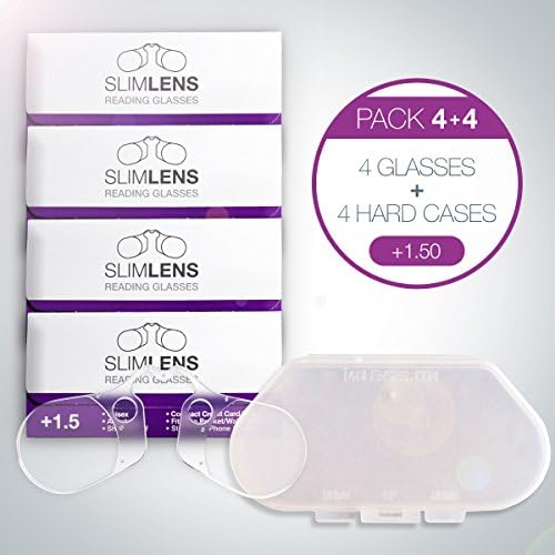 Set of 4 SLIMLENS Reading Glasses + 4 Hard Plastic Cases | Finest – Thin and Compact - Choose Your Diopter +1.50 …