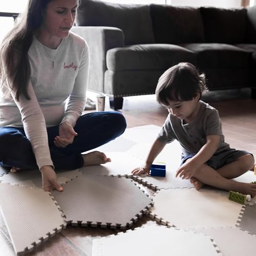 Baby Play Mat - Non-Toxic Extra-Thick Kid's Puzzle Exercise Activity Mat - Soft EVA Foam Interlocking Hexagon Floor Tiles, Grey & White, 48” x 72”