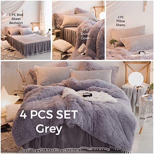 MooWoo 4PCS Shaggy Bedding Sets, 1 Velvet Flannel Duvet Cover + 1 Quilted Ruffle Bed Sheet Skirt + 2 Pompoms Fringe Pillow Sham, Zipper Closure Velvet Bedding Sets (Gray, Full)
