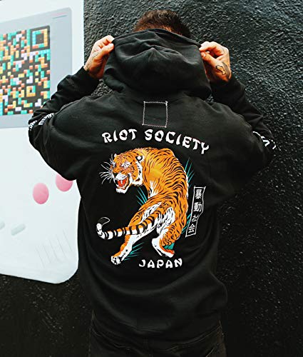 RIOT SOCIETY JAPANESE TIGER MENS GRAPHIC PULLOVER HOODIE SWEATSHIRT – BLACK, MEDIUM