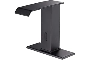 CHICZAM Automatic Touchless Sensor Faucet Black Motion Activated Bathroom Sink Faucets Waterfall Hands Free Water Tap with Deck Plate Temperature Mixer Valve Dual Powered Commercial