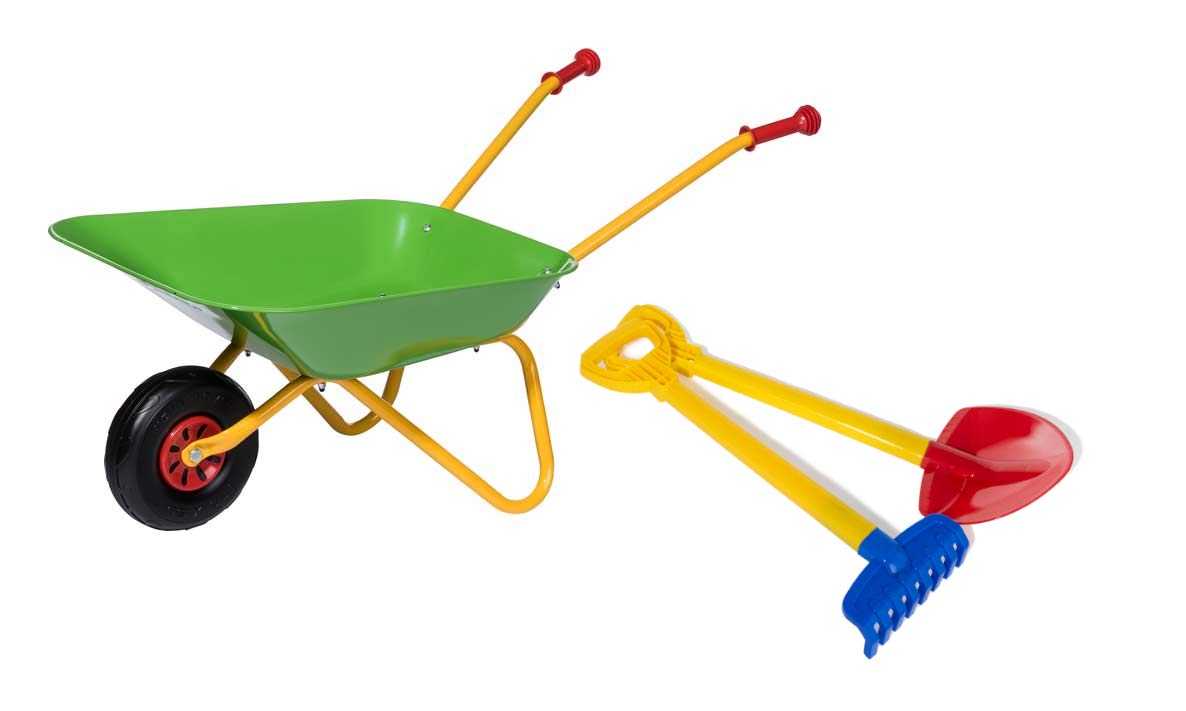 Kurgo 272846 Set with Shovel and Rake (Metal Wheelbarrow Holds up to 25 kg, 2 ½ Years), Green, 1 Rad