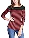 Allegra K Women's Long Sleeve Tops Slim Fit Round Neck Top Spring Fall Trendy Casual Striped Shirt Large Red
