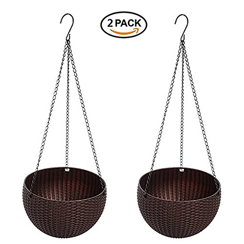 Hanging Basket Rattan Plastic Flower Pot Round Resin Garden Hanging Planter for Indoor Outdoor Plants 2 Pack Brown
