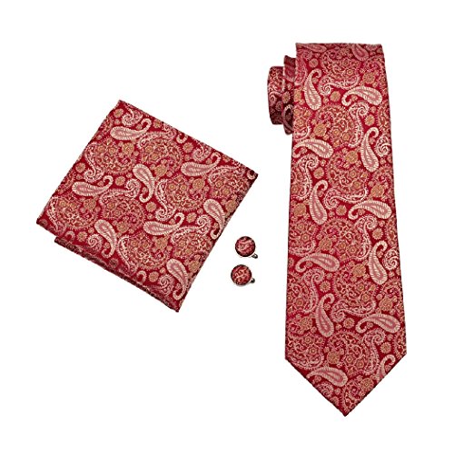 Hi-tie mens orange red paisley woven silk tie hanky cuf…