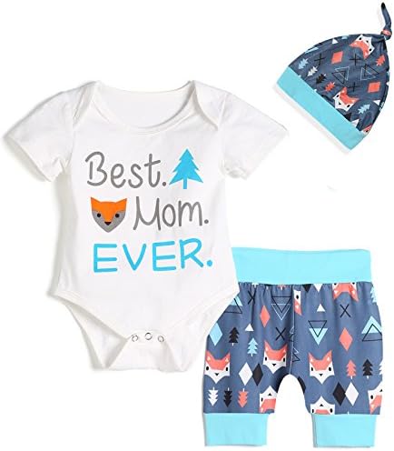 Fancidy 3Pcs Baby Boy Girl Happy Mother's Day Bodysuit Short Set with Hat (White, 12-18 Months)