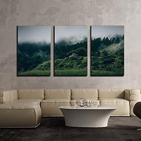 3 Piece Canvas Wall Art - Green Hills with Mist - Modern Home Art Stretched and Framed Ready to Hang - 16"x24"x3 Panels