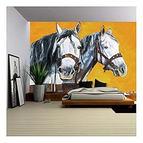 Shire Horses Portrait Painting - Removable Wall Mural | Self-Adhesive Large Wallpaper - 66x96 inches
