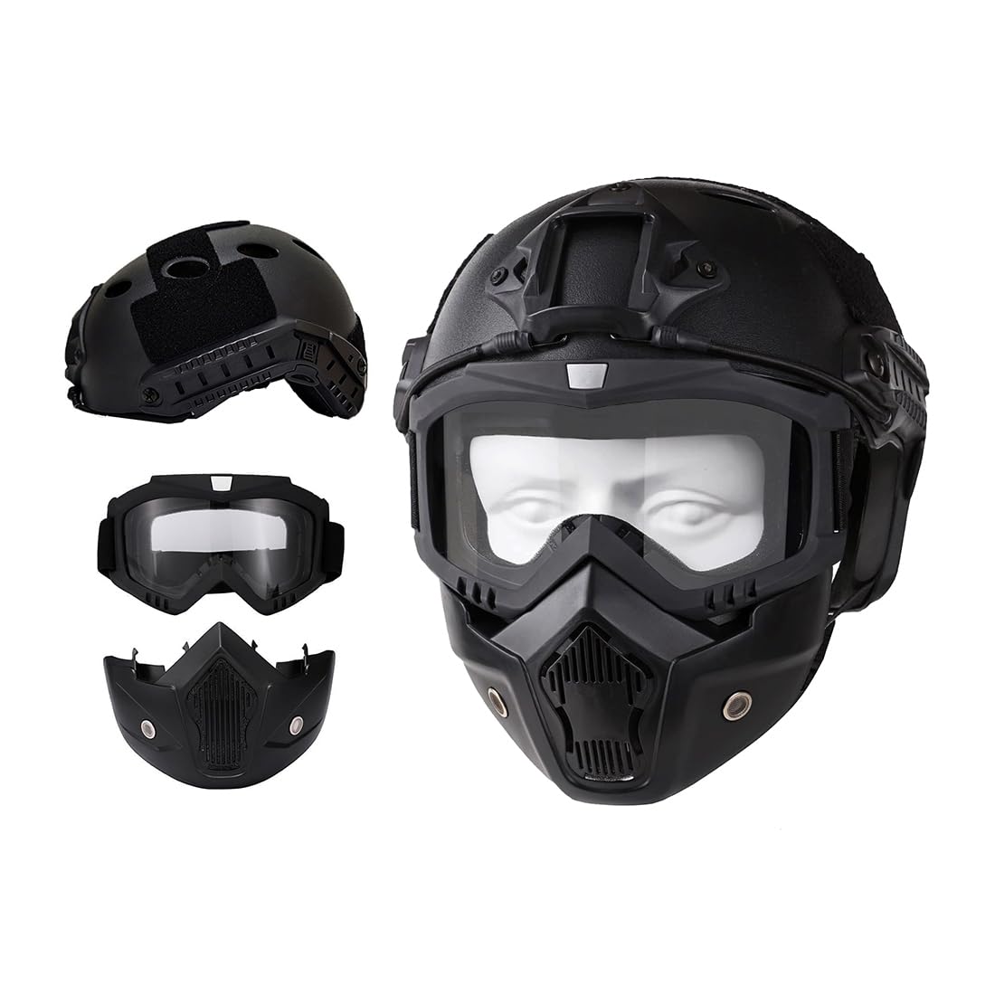Airsoft Helmet and Full Face Mask, Detachable Airsoft Goggles,Paintball PJ Fast Helmet with Front NVG Mount and Side Rail