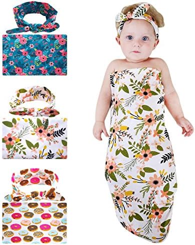 Newborn baby Swaddle with Headband Set, Infant Girl Boy Sleep Swaddle with Beanie Hats Flower Receiving Blankets Baby sleep sack ( pack with 3 sets )