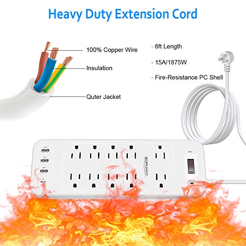 Power Strip Surge Protector, BOPUROY 10 AC Outlets Power Surge