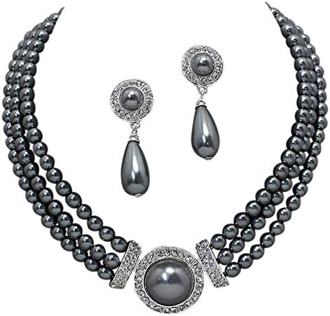 Elegant 3 Strand Steel Gray Pearl Tone Drop Bridal Necklace Earring Set X2