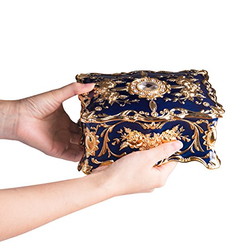 Feyarl Vintage Rectangle Trinket Box Jewelry Box Ornate Antique Finish Engraved with Two- Layer Organizer Box for Christmas Gift (Blue) 7.1 x 4.7 x 3.1 inches - Thumbnail 5