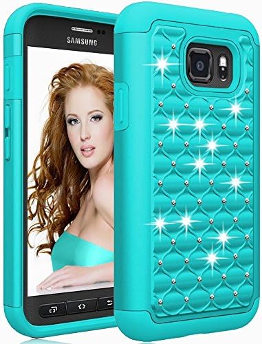 Galaxy S7 Active Case,MANDYCOWRY [Dual-layer] Hard PC+Soft Rubber Studded Rhinestone Bling Dazzling Diamond Hybrid Armor Defender Hard Protective Cover for Samsung Galaxy S7 Active SM-G891A(Emerald)