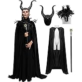 shyhand Women Evil Queen Costume Witch Black Horns Feather Cape Shawl Staff Velvet Robe Halloween Cosplay Costume for Adults