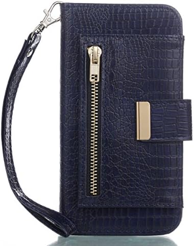 Wallet Leather case for iPhone X, Alligator Leather Pattern with Soft TPU, Kickstand Large Capacity Card Holder & Wrist Strap, 360 Full Protective Flip case for iPhone X edition/iPhone 10 (5.8)-Navy