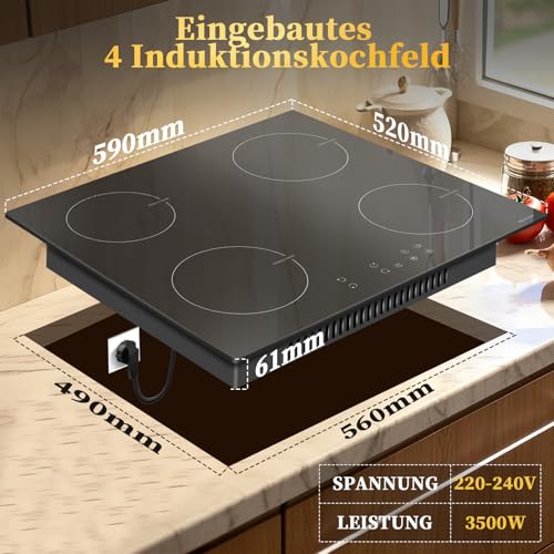 NOXTON Induction Hob 60 cm with Plug, 4 Plates with 3500 W, Self-sufficient Installation Induction Hob, Touch, 9 Heat Settings, 1-99 Min Timer, Child Lock, Automatic Shut-Off