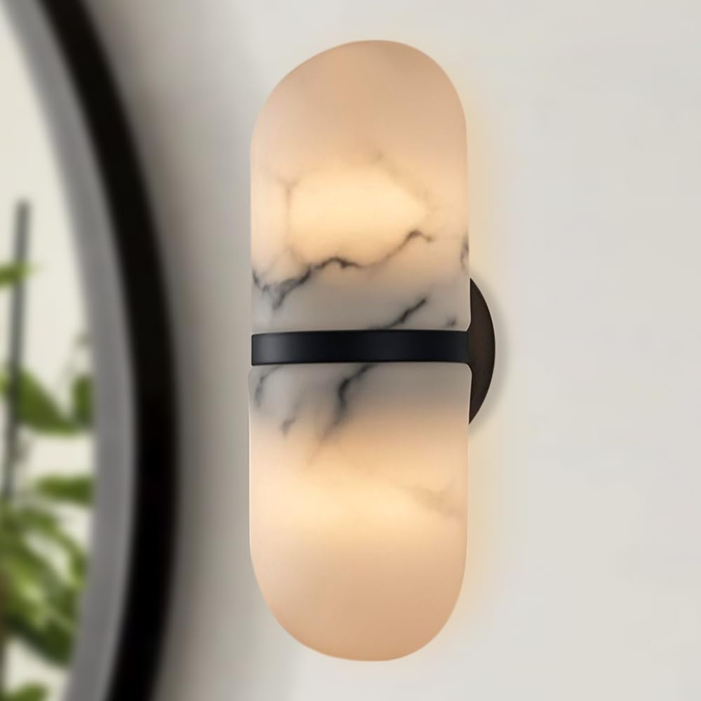 Photo 1 of 12.5 Inch Modern Resin Wall Sconce - Imitation Marble Pill Shape with Aged Brass, Handmade Organic Textured Light Fixture for Bedroom, Living Room (Black)