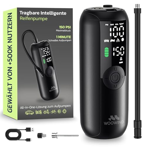 Woowind Bicycle Air Pump for Car, Bicycle & Moto, Auto Stop, 10.3 Bar | Electric bicycle pump, battery compressor, 1 minute inflation, LCD display, LED light