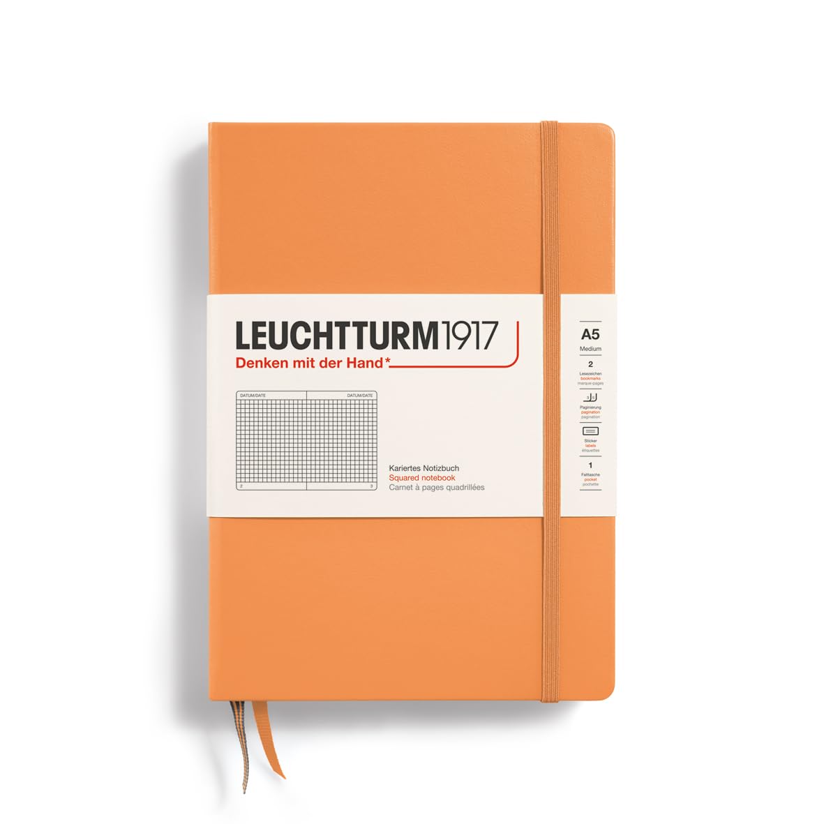 LEUCHTTURM1917 369782 Notebook Medium (A5), Hardcover, 251 Numbered Pages, Apricot, Squared