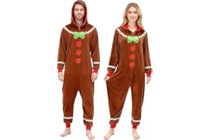 HOMELEX Gingerbread Onesie Pajamas Adult Unisex Christmas Hooded Gingerbread Man Costume Women Long Sleeve Zipper Sleepwear