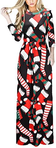 Wordbuy Women's Long Sleeve Christmas Digital Printed Night Party A-Line Maxi Dresses