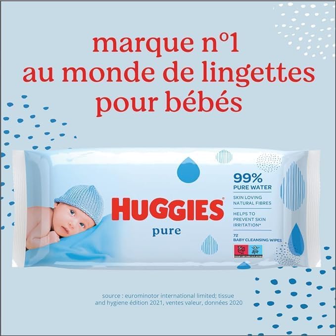 Lingettes Pure pour bébé, 18 paquets (1008 lingettes au total) - Lingettes à 99% d'eau pure - Sans parfum pour un nettoyage tout en douceur - Lingettes humides naturelles