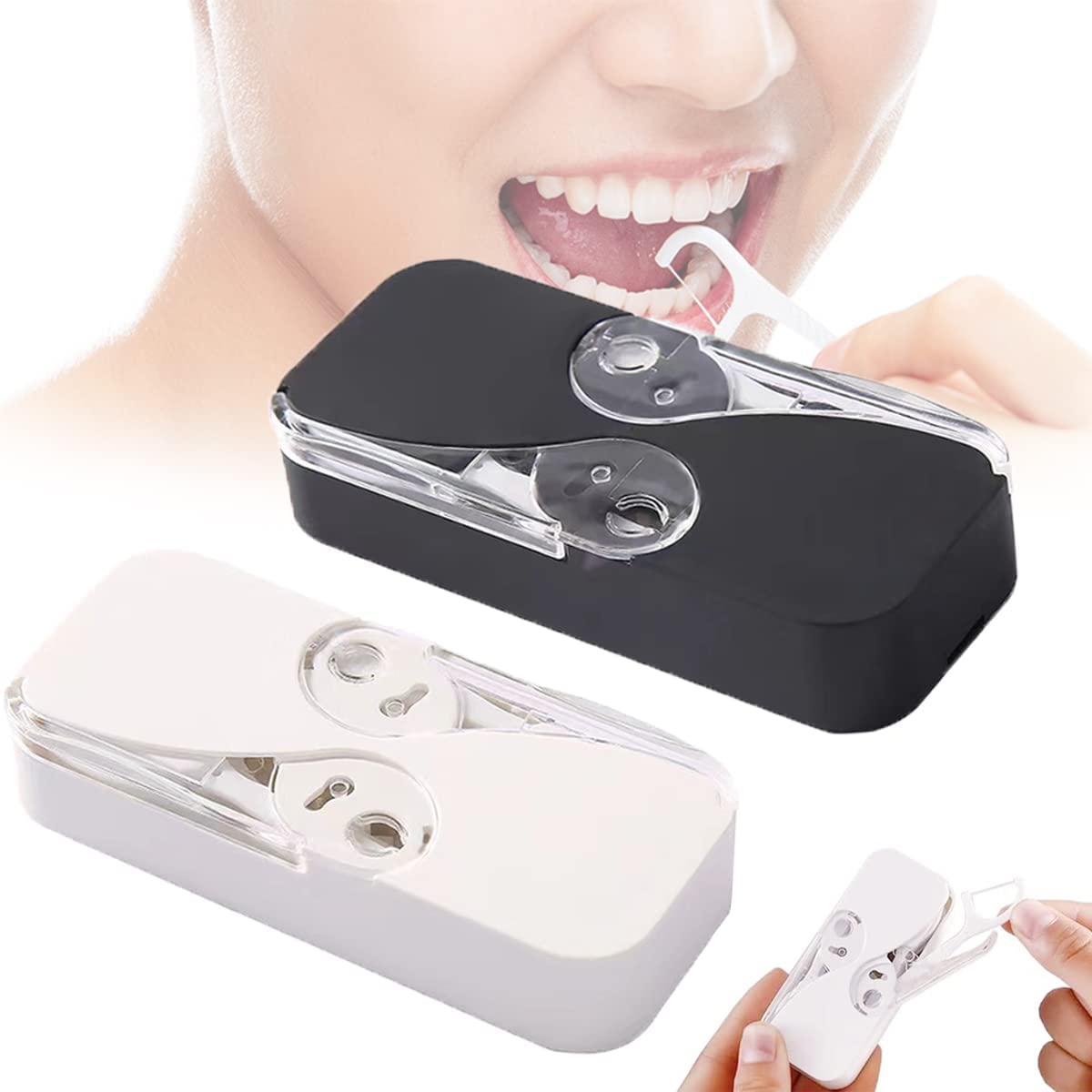 Portable Dental Floss Dispenser Floss Holder Upgrade Automatic Travel Case Floss Dispenser Refillable Floss Box Professional Floss Pick Organizer for Teeth Cleaning (White+Black + 24pcs Floss)