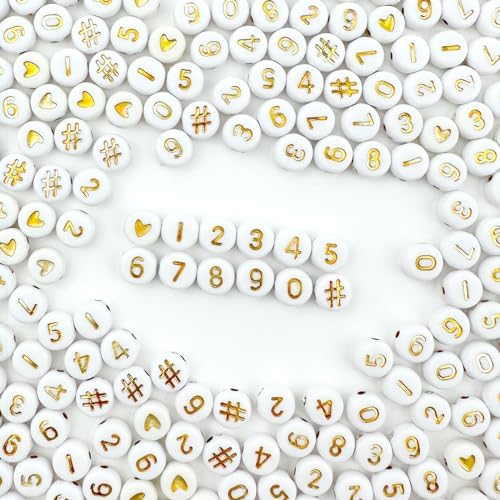 600Pcs White Number Beads for Jewelry Making,4x7mm Gold 0-9 Number Beads for DIY Bracelets Making,Necklaces, Key Chains Crafts (Round, Flat)
