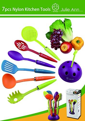 Kitchen Utensils – Colourful Nylon Home Cooking Tools – Set Of 6 Pieces With Slotted Stand – Includes Soup Ladle, Slotted Turner, Slotted Spoon, Skimmer, Spaghetti Spoon And Solid Spoon By Julie Ann