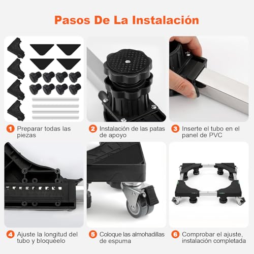 Base para Lavadora Móvil, Base Móvil Universal con 8 Patas Fuertes y 4 Ruedas Dobles, Base Móvil Multifuncional Refrigerador de Ajustable Soporte, para lavadora y Secadora Portatil (40-65CM),Negro