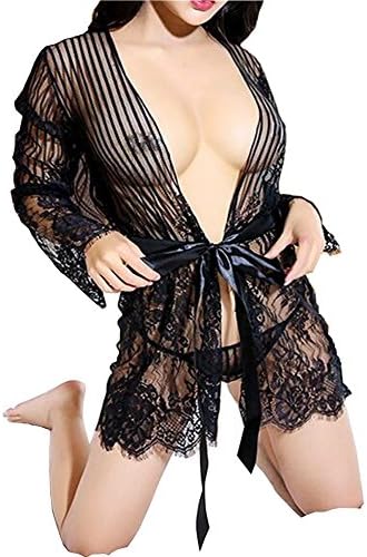Firming Women's Sexy Lingerie Kimono Lace Lingerie Babydoll Robe Nightgown Black