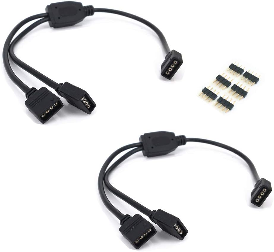 2PCS black 4 Pins LED Splitter Cable LED Strip Connector 2 Way Splitter Y Splitter for One to two RGB 5050 3528 LED Light Strips with 6x Male 4 Pin Plugs -30cm/12inch Long (1 to 2 Splitter Cable)