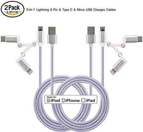 MINLU (TM) 2Pack 3.3Ft Lightning to Micro USB &amp; Type C Charging and Sync 3-in-1 Cable for iPhone, iPad, iPod Touch/Nano, Android, Samsung /HTC/blackberry/ Motorola/Sony/New Macbook/N1/6P/5X (Sliver)