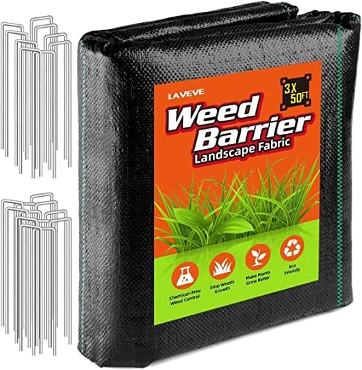 Photo 1 of LAVEVE 3FT x 50FT Weed Barrier Landscape Fabric, 3.2oz Premium Heavy Duty Garden Cloth, Ground Cover for Gardening, Farming with 20 U-Shaped Securing Pegs