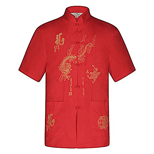 KINDOYO Mens Short Sleeve Tang Suit & Pants Kung Fu Uniform Martial Arts Clothing (Red Shirt)