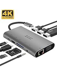 Adaptador de concentrador USB C, 10 en 1 Aluminio Thunderbolt 3 Concentrador tipo C con salida HDMI 4K, USB 3.0, VGA, lector de tarjetas SD&TF, audio   micrófono de 3.5 mm, Ethernet Gigabit, puerto tipo C para MacBook Chromebook