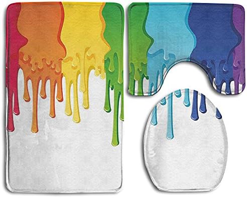 Guiping Rainbow Colored Paint With Leaking Splattered Drops Creative Artsy Graphic Bathroom Rug Mats Set 3 Piece,Funny Bathroom Rugs Graphic Bathroom Sets,Anti-skid Toilet Mat Set