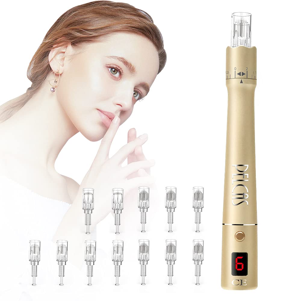PELCAS Dermapen Microneedling Pen 6-Speed Cordless Derma Pen Kit with 12 Replacement Needles Cartridges(6 * 36Pin + 4 * 12Pin + 2*Nano) LCD Display Microneedle Pen for Skin Care