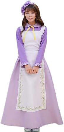 Amazon S C Live 美女と野獣 ポット夫人コスプレ衣装4点セット メイドワンピース 長袖 ロング 紫 パープル ラベンダーカラー エプロン ミニ帽子 リボン ポット夫人コスチューム ポット夫人仮装 ポット夫人衣装 ハロウィンコスチューム 大人コスチューム レディース 女性